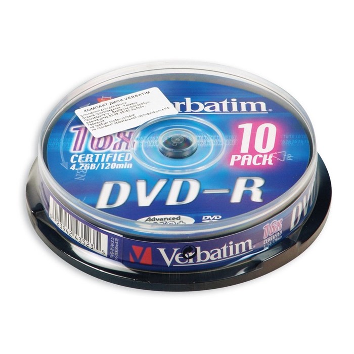 Носители информации DVD-R, 16x, Verbatim Azo Matt Silver, Cake/10, 43523 75750 - фото 1040610