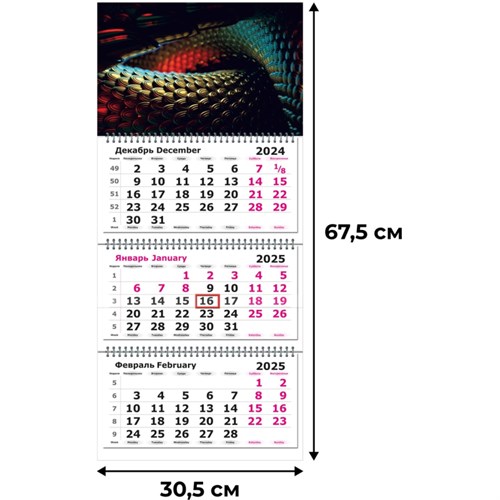 Календарь настенный 3-х блочный 2025,305х675,Символ Года. Яркая Змея,80г/м2 2062051 - фото 1086859