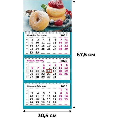Календарь настенный 3-х блочный 2025,305х675, Пончики, 3 спир,80г/м2 2062060 - фото 1086896