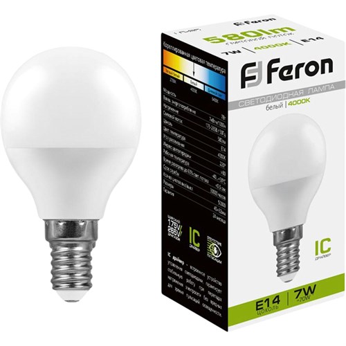 Лампа светодиодная Feron LB-95 Шарик E14 7W 175-265V 4000K(25479) 2082348 - фото 1119575