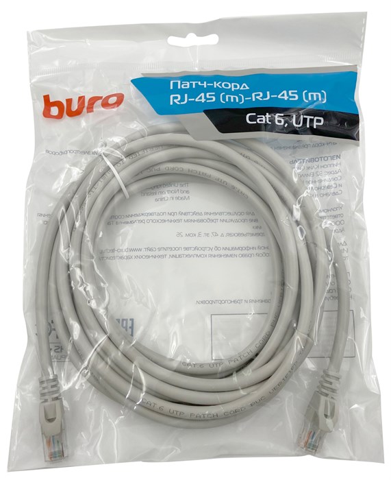 Патч-корд Buro UTP 4 пары cat6 CCA molded 5м серый RJ-45 (m)-RJ-45 (m) XM1543686 - фото 356810