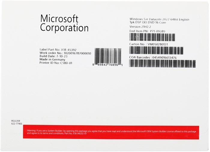 Операционная система Microsoft Windows Server Datacenter 2022 64Bit English 1pk DSP OEI DVD 16 Core (P71-09389) - фото 443151