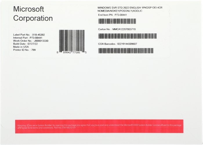 ПО Microsoft Windows Server Standard 2022 Eng 1pkDSP OEI 4Cr NoMedia/NoKey(POSOnly)AddLic (P73-08441) - фото 443157