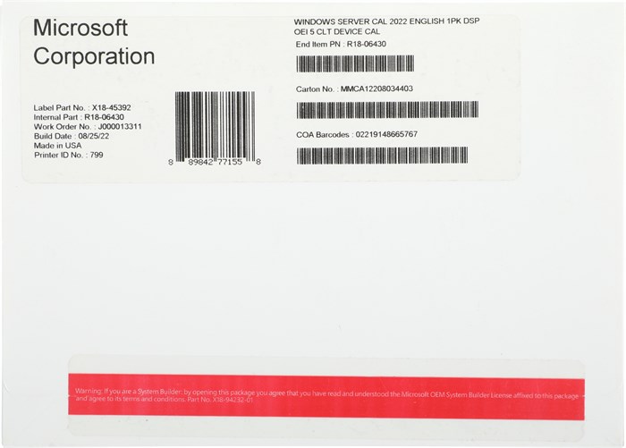 ПО Microsoft Windows Server CAL 2022 English 1pk DSP OEI 5 Clt Device CAL (R18-06430) - фото 443160