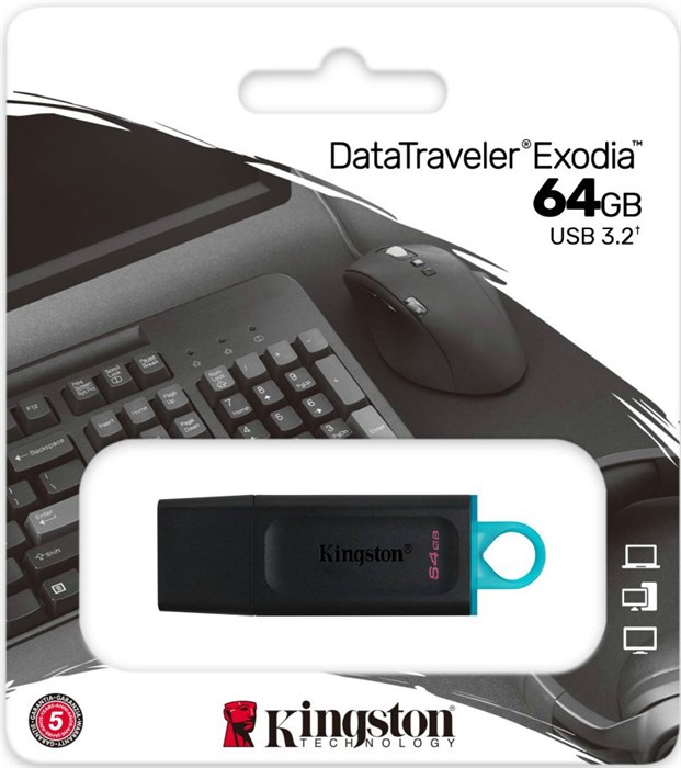 USB флеш накопитель 64 Gb Kingston DT Exodia Black DTX/64GB / USB 3.2 / бирюзовое кольцо XMC105097 - фото 473149