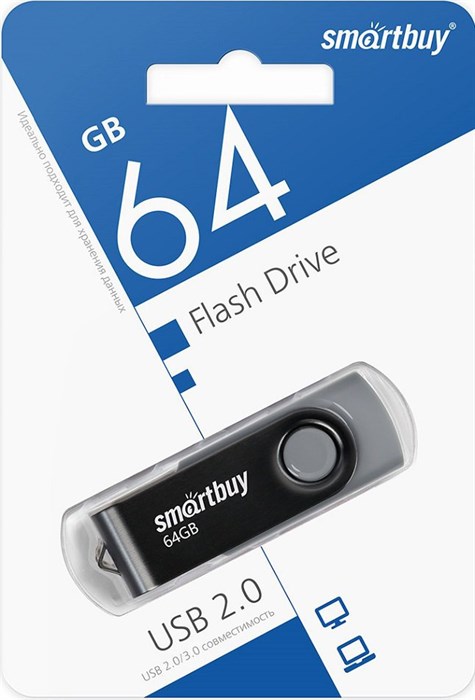 USB флеш накопитель 64 Gb SmartBuy Twist Black пластик-металл/поворотная/ SB064GB2TWK XMC114162 - фото 473312