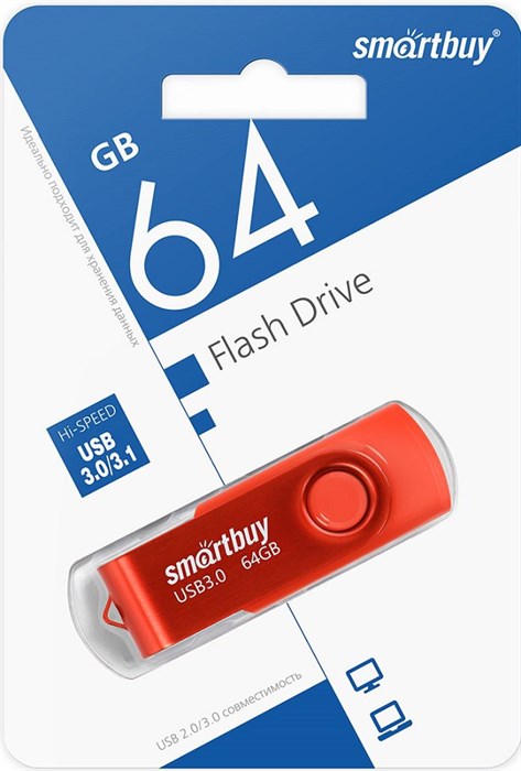 USB флеш накопитель 64 Gb SmartBuy Twist Red USB 3.0 пластик-металл/поворотная/R/W 70/40Mb/SB064GB3TWR XMC114690 - фото 473326