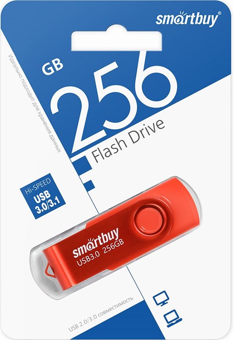 USB флеш накопитель_256 Gb SmartBuy Twist Red USB 3.0  пластик-металл/поворотная/R/W 70/40Mb/SB256GB3TWR XMC114688 - фото 473529