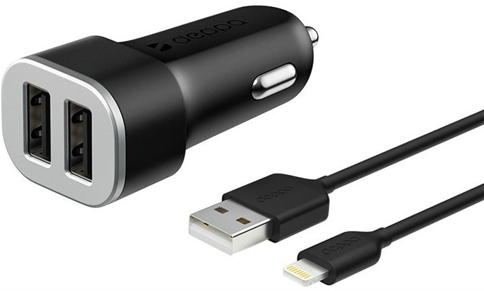 Авто З/У Deppa (11285) 2 USB 2.4А + кабель Apple 8-pin, MFI черный XMC86739 - фото 473798