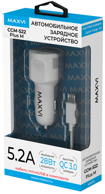 Авто З/У Maxvi (CCM-522 Plus M) 2 USB белый  5.2A, QC 3.0 кабель micro USB  0,5м - фото 473815