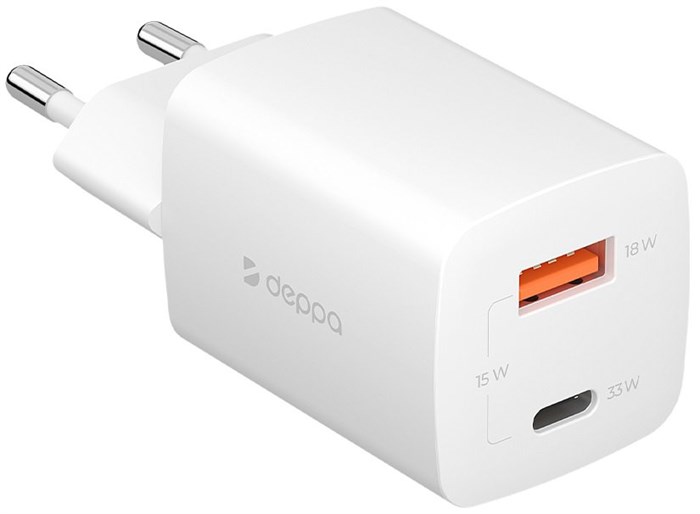 З/У Deppa (11432) USB-C + USB A, PD 3.0, QC 3.0, GaN, 33Вт белое - фото 477690