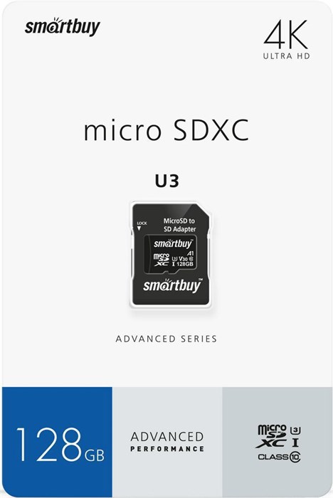 Карта памяти MicroSDXC_128 Gb SmartBuy class 10 Advanced  90/55 Mb/s U3 V30 A1 / SB128GBSDU1A-AD XMC106242 - фото 478810