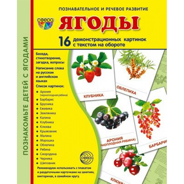 Ягоды. 16 демонстрационных картинок с текстом на обороте. 174 х 220. XKN898114 - фото 548268