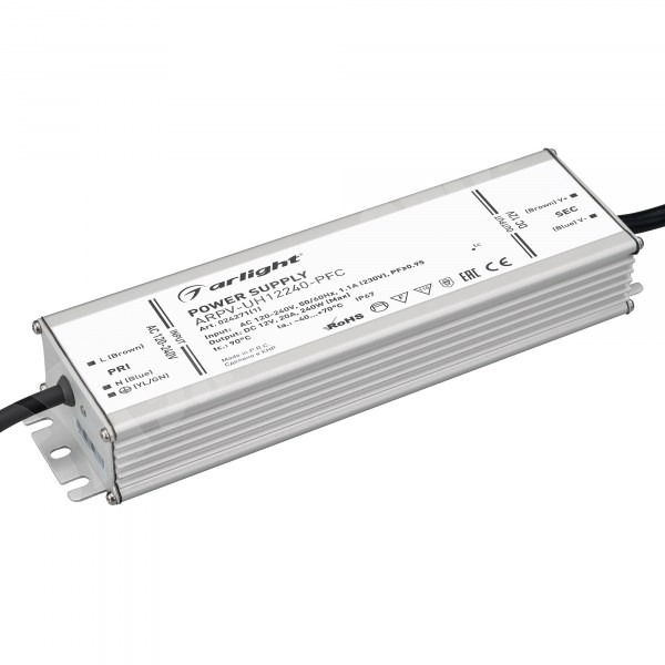 Блок питания ARPV-UH12240-PFC (12V, 20.0A, 240W) (Arlight, IP67 Металл, 7 лет) 024271(1) Arlight XRS024271(1) - фото 562303