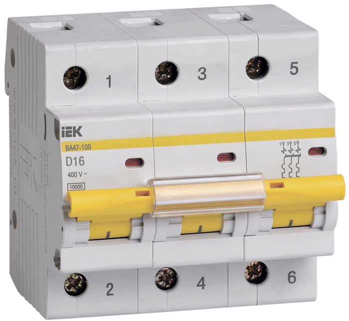 Автоматический выключатель 3-пол. 16А тип D 10кА серия ВА 47-100 MVA40-3-016-D IEK (ИЭК) IEK (ИЭК) - фото 565195