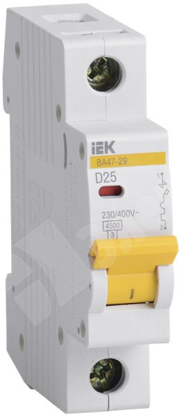 Автоматический выключатель 1-пол. 25А тип D 4,5кА серия ВА 47-29 MVA20-1-025-D IEK (ИЭК) IEK (ИЭК) - фото 567847