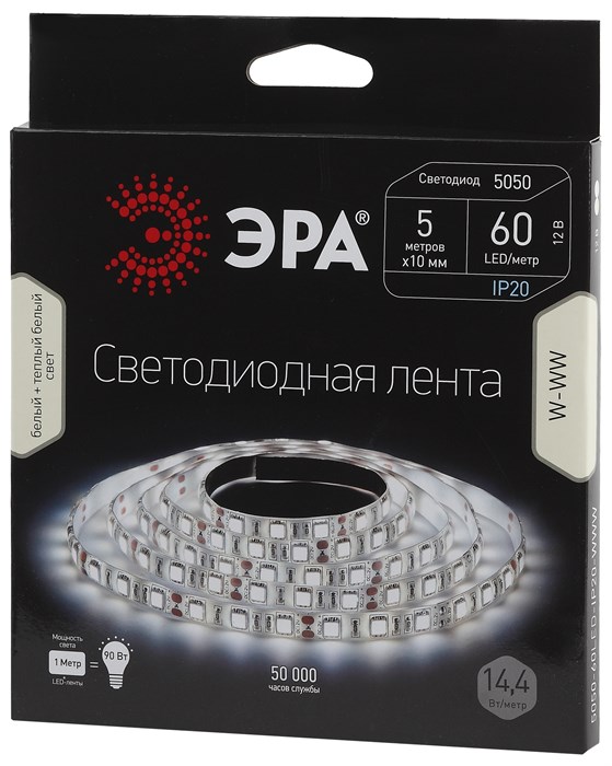 Светодиодная гибкая лента SMD5050 DC12V, 60 LED/м, Тёплый белый+Белый IP20 LS5050-60LED-IP20-WWW ЭРА (Энергия света) ЭРА (Энергия света) - фото 569903