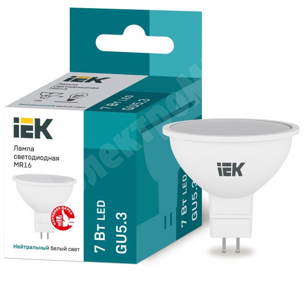 Лампа светодиодная MR16 софит 7Вт 230В 4000К GU5.3 IEK LLE-MR16-7-230-40-GU5 IEK (ИЭК) IEK (ИЭК) - фото 571379