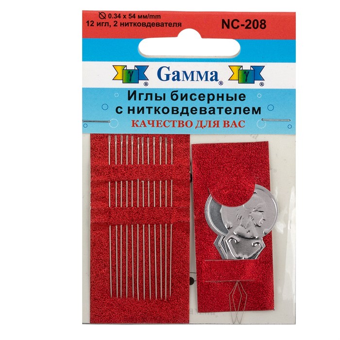 "Gamma" Иглы бисерные сталь NC-208 d 0.34 мм 12 шт с двумя нитковдевателями - фото 596483