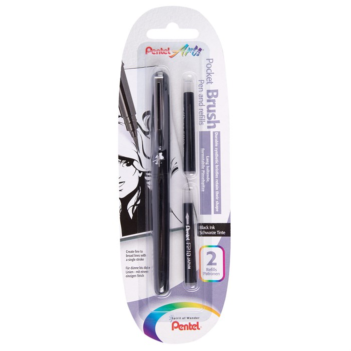 "Pentel" Ручка-кисть Brush Pen для каллиграфии, 2 картриджа в блистере 25.5 г XGFKP/FP10 черные пигментные чернила - фото 681137