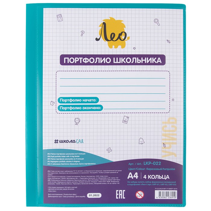 "Лео" "ШколаСад" Папка-портфолио школьника на 4 кольцах A4 700 мкм 25 мм песок 1 шт. бирюзовый LKP-022 XG83862952434 - фото 689187