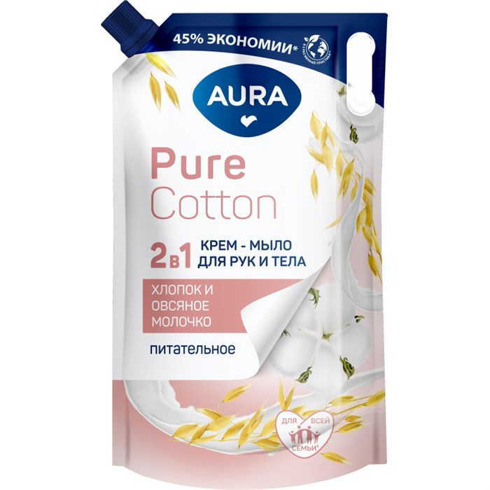 Крем-мыло AURA Pure Cotton 2в1 для рук/тела Хлопок и овс мол дойпак 850мл - фото 729493