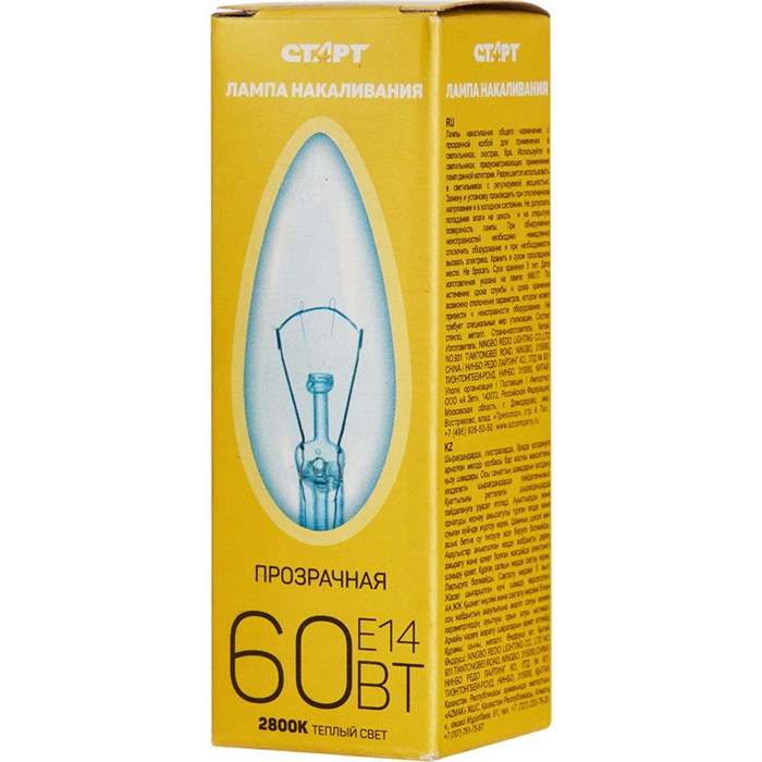 Электрическая лампа СТАРТ свеча/прозрачная 60W E14 - фото 768868