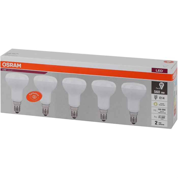 Лампа светодиодная OSRAM LVR60 7SW/830 230V E14 (5 шт/уп) 1894947 - фото 775735