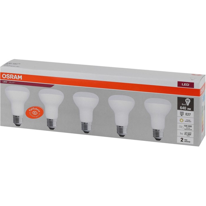 Лампа светодиодная OSRAM LVR60 8SW/830 230V E27 (5 шт/уп) 1894985 - фото 775818