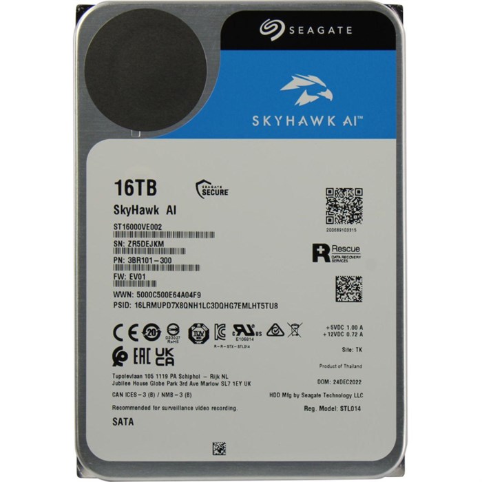 Жесткий диск Seagate SkyHawk Al 16TB 3.5 SATA 7200rpm, 256MB ST16000VE002 1986690 - фото 802023