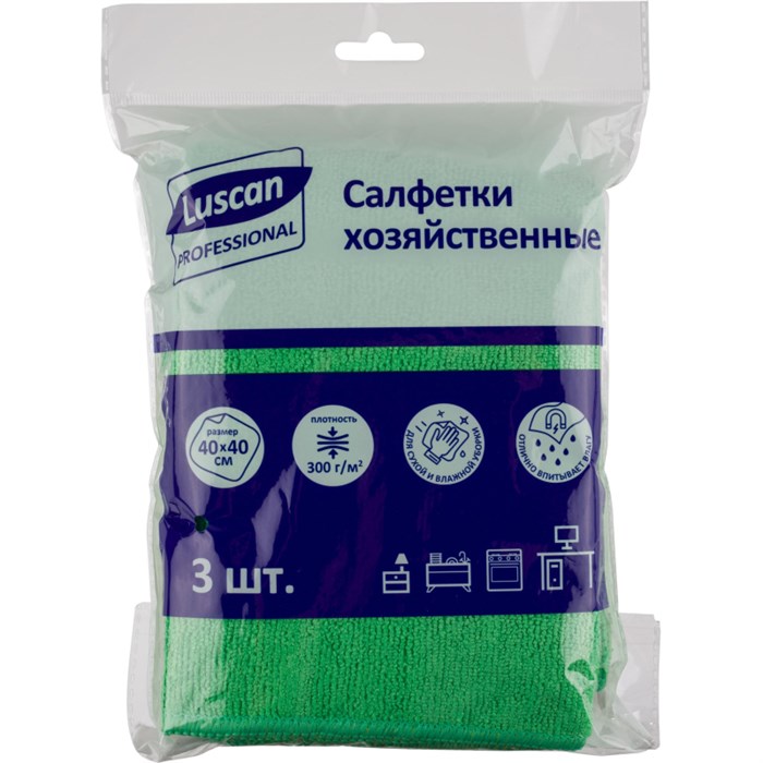 Салфетки хозяйственные Luscan Professional 300г/м2 40х40см 3шт/уп зеленые 1612790 - фото 833423