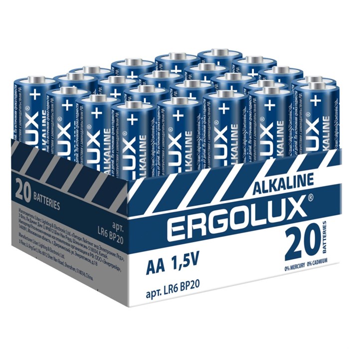 Батарейка Ergolux AA/LR 6 Alkaline BP-20 (LR 6 BP20, 1.5В)(20 шт в уп.) 1568802 - фото 839508