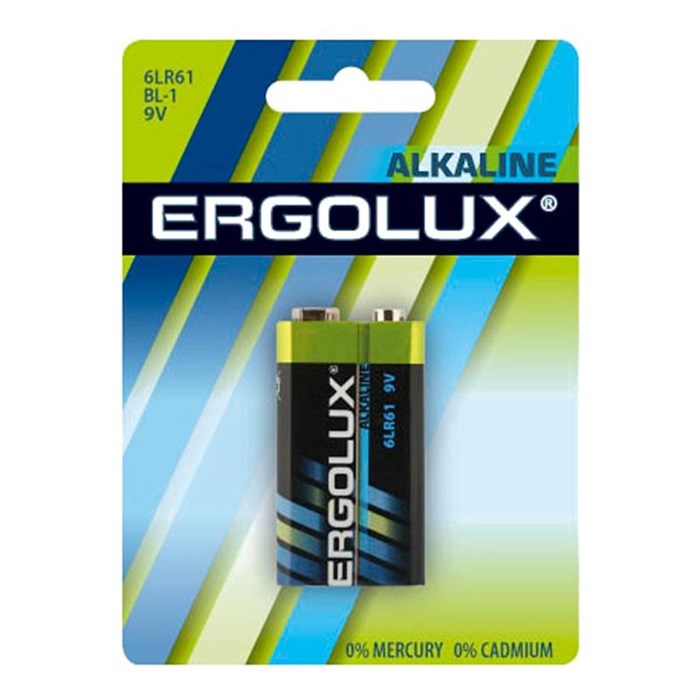 Батарейка Ergolux 6LR61 Alkaline BL-1 (6LR61 BL-1, батарейка,9В) 1615210 - фото 839648