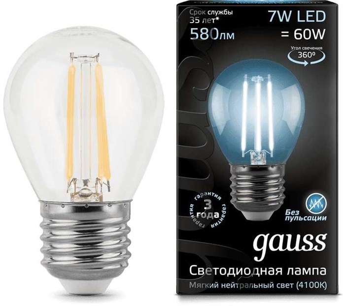 Лампа светодиодная Gauss Filament 7Вт цок.:E27 шар 220B 4100K св.свеч.бел.нейт. P45 (упак.:1шт) (105802207) XM1381203 - фото 84267