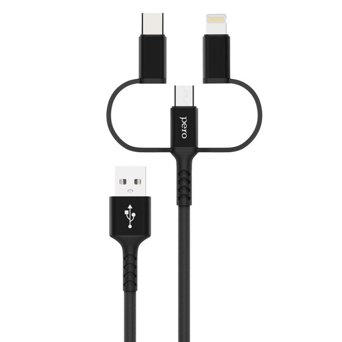 Кабель PERO, DC-06, 2.4А, 2м, Lightning/micro USB/Type-C, черный - фото 846346