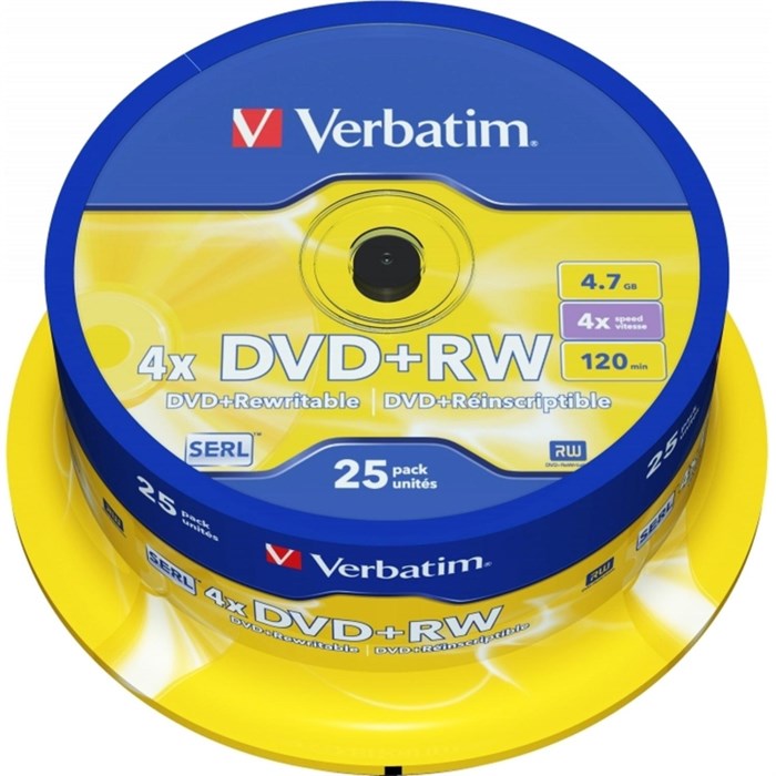 Носители информации DVD+RW Verbatim 4.7Gb 4x Cake Box (25шт/уп) (43489) 2062483 - фото 848518