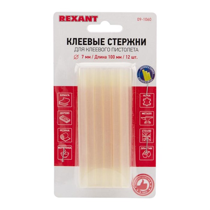 Стержень клеевой REXANT d7.4х100мм прозрачные светящиеся, 12шт. (09-1060) 1076036 - фото 920600