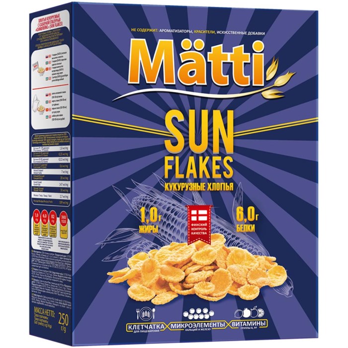 Хлопья   Matti Sun Flakes кукурузные, 250г 1570823 - фото 939355