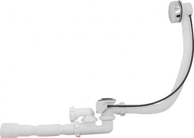 V312-18-MR Сифон для ванны регулируемый с выпуском и переливом Aquant с гибкой трубой 40х40/50 полуавтомат - фото 959824