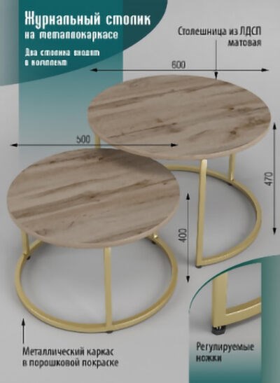 Журнальные столики SANTREK HOME «Дуэт» (комплект 2 шт.) Дуб Ватан/Золото ЛДСП 600*600*470 и 500*500*400, рама металл XST323555 - фото 964794