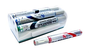 "Pentel" Набор маркеров для белых досок Maxiflo 4 цвета /упак.+ магнит.губка 4 мм пулевидный MWL5S-4N черный,красный,синий,зелёный