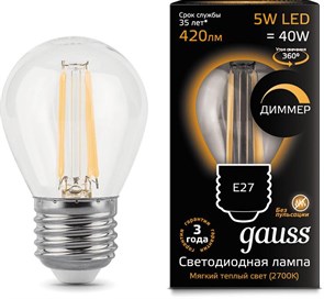 Лампа филам. Gauss Filament 5Вт цок.:E27 шар 220B 2700K св.свеч.бел.теп. (упак.:1шт) (105802105-D) XM1395031