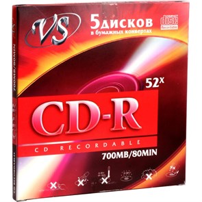 Носители информации CD-R 80 52x, VS, конверт/5шт/уп 1988360