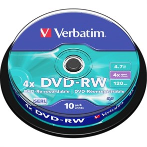 Носители информации DVD-RW Verbatim 4.7Gb 4x Cake Box (10шт/уп) (43552) 2062485